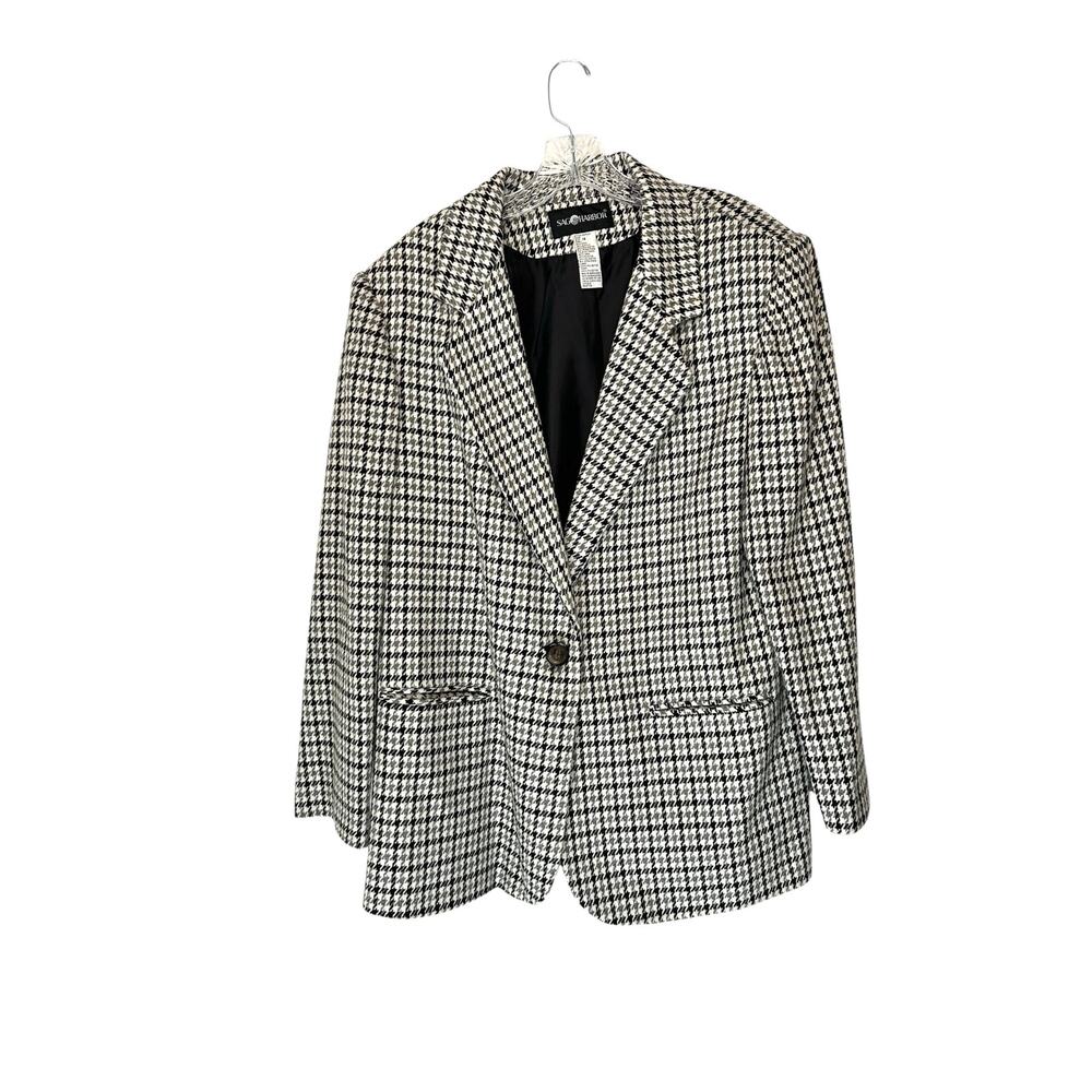 Vintage‎ Gray White Houndstooth Academia Wool Blend Oversized Blazer Size 16